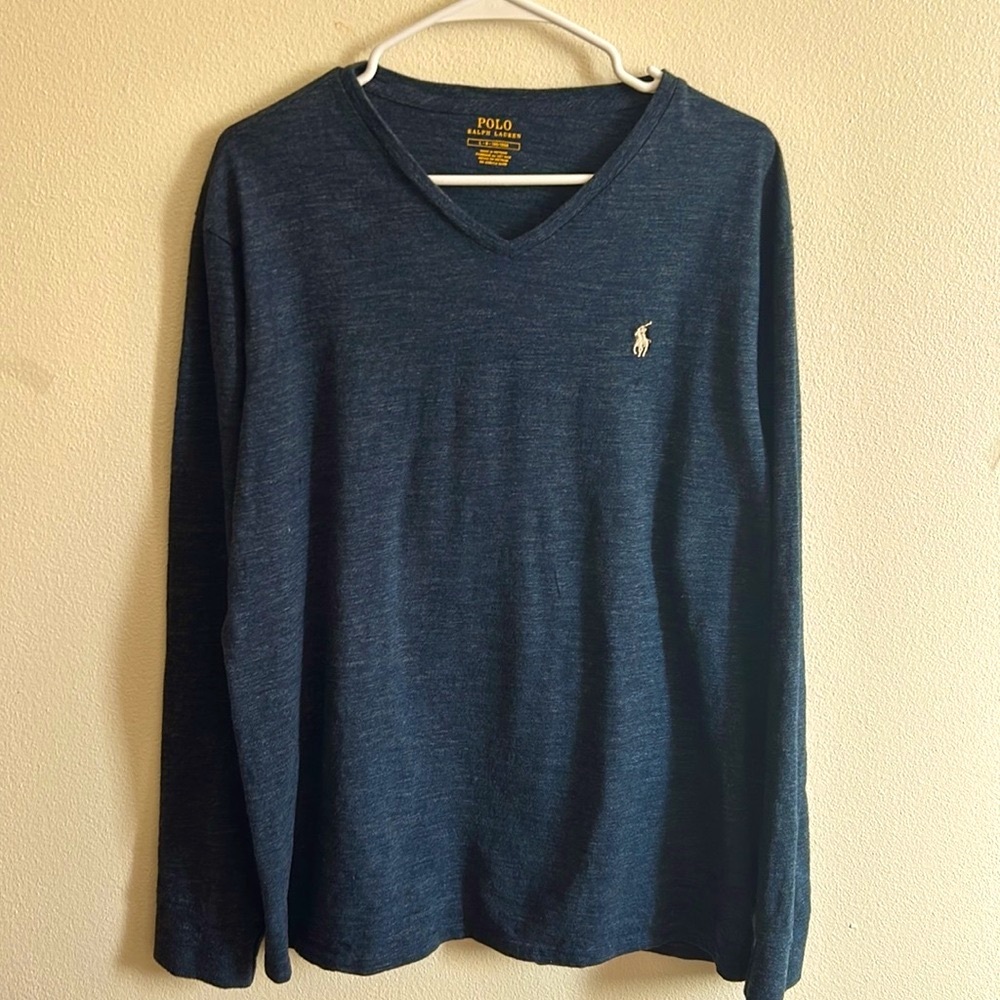 Polo Ralph Lauren Men's Blue V-Neck Cotton Long Sleeve T-Shirt... Size: L ..